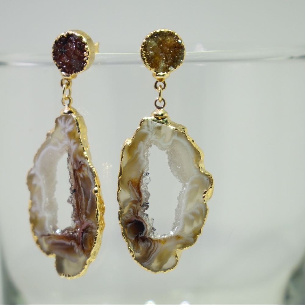 Gold Plated Geo Druzy Gem Natural Earrings Brown